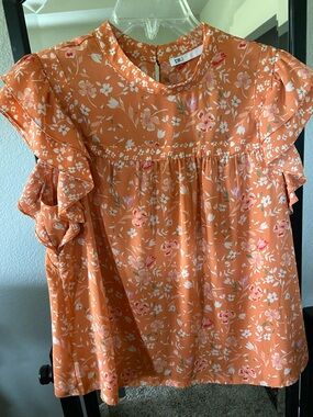 DR2 Orange Floral Ruffle Sleeve Blouse